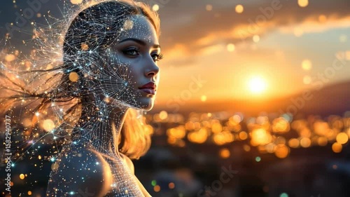 Artificial intelligence generating human-like text or creating art. Concept embodied by fantasy woman posing by cityscape. Neural networks painted on naked skin.