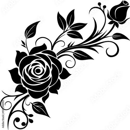 Corner flourish with blooming rose and swirling leaves vector silhouette 
