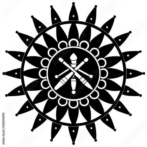 Mandala composed of Indian bamboo flute and Krishna symbols on the white background