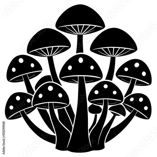 A minimalist black silhouette of a mushroom cluster