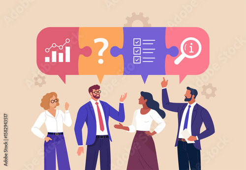 Business Project Discussion concept. Contemporary flat style abstract vector illustration of a group of diverse people standing and talking to each other with puzzle pieces above their heads.
