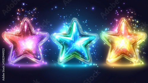 Three glowing stars in vibrant colors, surrounded by sparkling particles