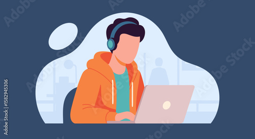 Modern flat design illustration of a person wearing headphones and working on a laptop, perfect for web design and marketing concepts.