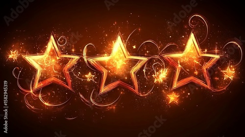 Three glowing stars on dark background with decorative swirls