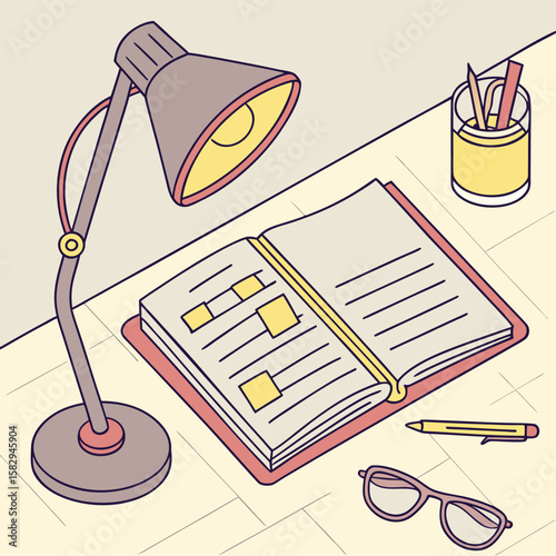  Reading-Themed Desk Mockup with Open Book and Yellow Accents
 Adobe Illustrator Artwork