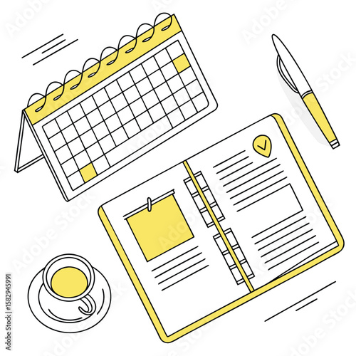  Desk Flat Lay Mockup with Calendar, Planner and Yellow Theme
 Adobe Illustrator Artwork