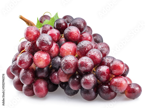 Cluster of red table grape covered with small water drops isolated on white background.