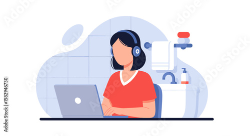 An illustration depicts a woman working remotely from her bathroom, wearing headphones and using a laptop, showcasing modern work-from-home scenarios and digital lifestyle.