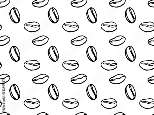 Seamless Coffee bean pattern. Endless doodle vector illustration for restaurant or cafe. Backdrop of arabica and robusta grains. Repeated background for wallpaper, wrapping, packing, scrapbooking.