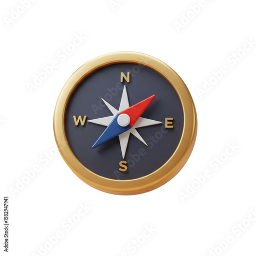 A close up view of a compass with a gold rim and blue and red needle pointing north on a white background