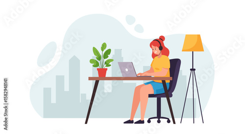 A vibrant illustration shows a woman working on a laptop at a desk, with a plant and cityscape in the background, representing modern work and web design.