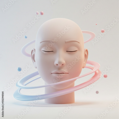 Rendered human head with closed eyes and orbiting pastel rings and floating spheres around it