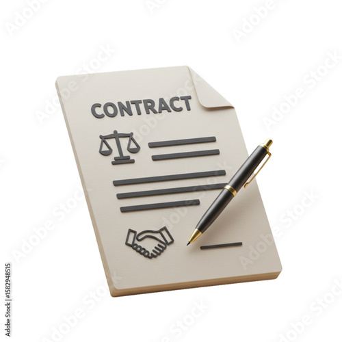 Illustration of a contract document with scales of justice handshake and a pen on a white background