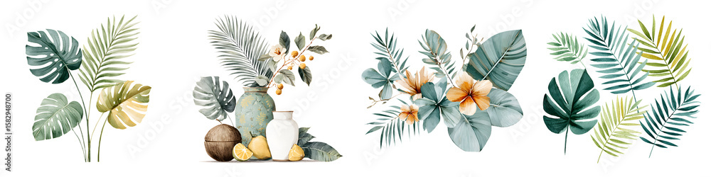 Naklejka premium Tropical Foliage Watercolor Set: Exotic Plant Leaf Art on White