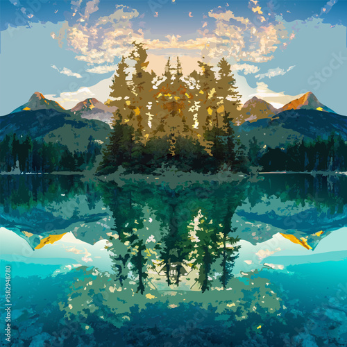 Breathtaking alpine lake at sunrise with majestic mountain reflections