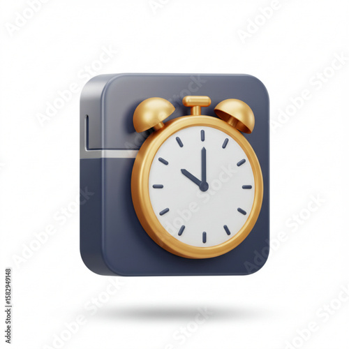 A golden alarm clock with bells on a gray square background indicating the time is seven o'clock