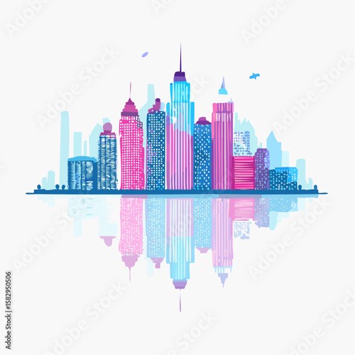 Colorful illustration of a city skyline with vibrant buildings and reflections.