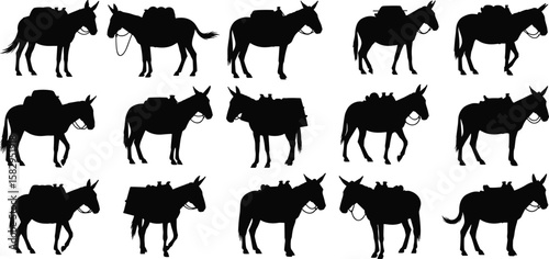 Donkey silhouette vector collection, pack animal illustration, mule carrying load, working donkey graphic design, farm animal transport icons