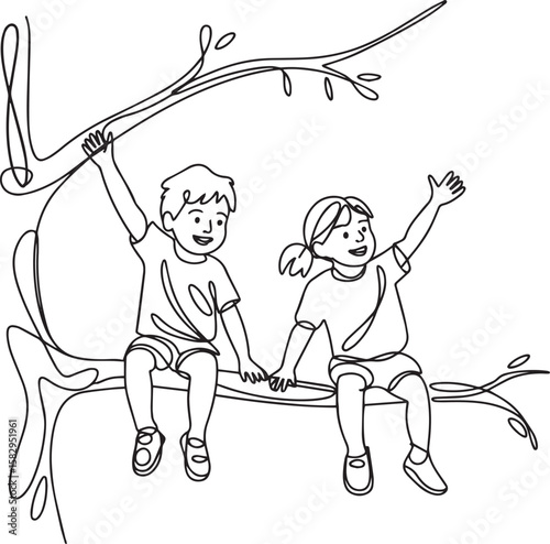 Little children playing on tree branch in continuous one line drawing, minimalist playful scene illustration

