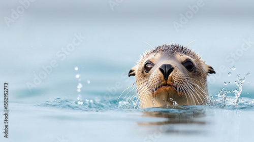 Close-up of a sea lion playing in ocean waves with water droplets splashing around its face and whiskers.