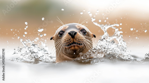 Close-up of a sea lion playing in ocean waves with water droplets splashing around its face and whiskers.
