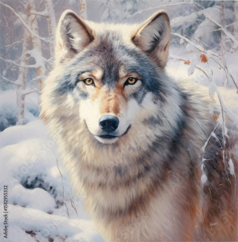 Painting of a grey wolf. Wolf portrait in winter forest.