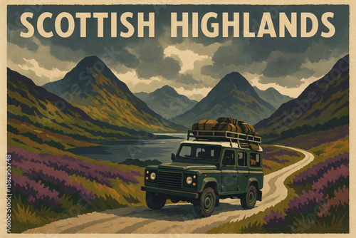 A retro travel poster of the Scottish Highlands. A 4x4 off-road vehicle on a scenic drive through mountains, past a loch and wild heather.
