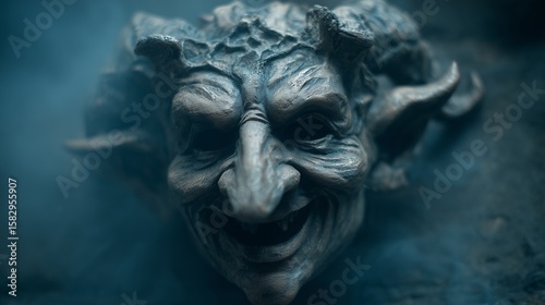 Antique Halloween mask with exaggerated features on a foggy white blur, vintage spooky humor, creepy-cool