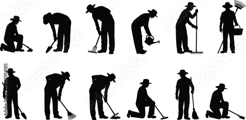 Gardening silhouette set, farmer working vector, man gardening clipart, black gardener figure with tools, agriculture job, outdoor labor illustration