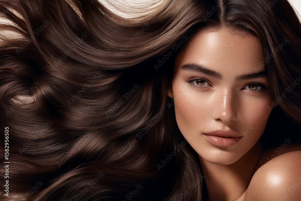 Obraz premium Elegant woman with long wavy hair and soft lighting. Neural network AI generated