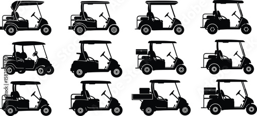 Golf cart silhouette vector set, electric utility vehicle icons, transportation clipart, side view buggy graphics for design and print