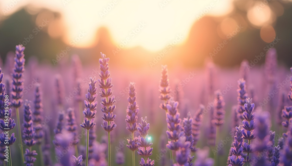 Fototapeta premium Sunlit purple lavender flowers bloom in a serene field at sunset