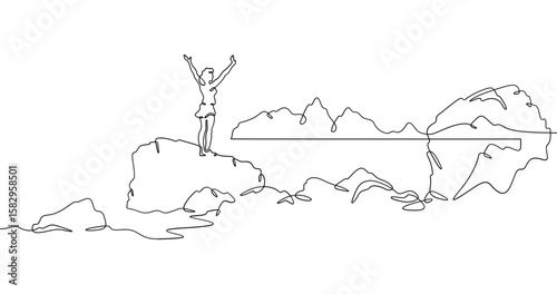 Continuous one line drawing  girl stands waving on a big rock on the seashore. Woman in short shorts on the seashore. Rocks and mountain by the sea. One continuous line isolated minimal illustration