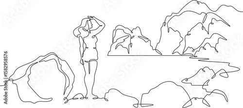 Continuous one line drawing  girl stands waving on a big rock on the seashore. Woman in short shorts on the seashore. Rocks and mountain by the sea. One continuous line isolated minimal illustration