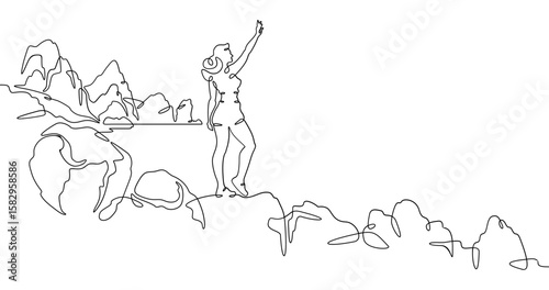 Continuous one line drawing  girl stands waving on a big rock on the seashore. Woman in short shorts on the seashore. Rocks and mountain by the sea. One continuous line isolated minimal illustration