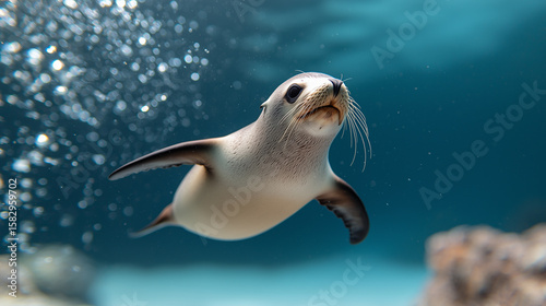 Realistic image of a sea lion diving into the ocean from a rocky cliff with body in mid-air and waves below.