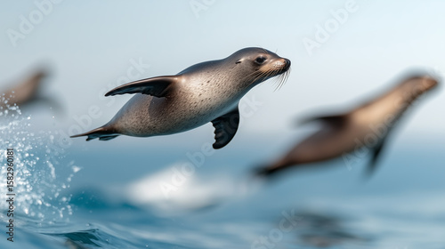 Realistic image of a sea lion diving into the ocean from a rocky cliff with body in mid-air and waves below.