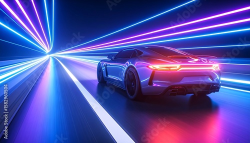 Fototapeta Naklejka Na Ścianę i Meble -  Futuristic sports car speeding through a vibrant neon tunnel