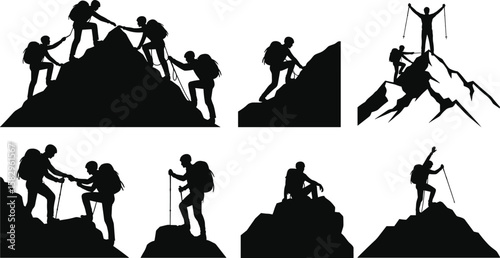 Mountain climbing silhouette, hikers helping teammates, outdoor adventure concept, teamwork on peak, hiking illustration, mountaineers on rocky summit vector