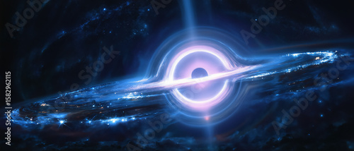 A black hole warps space and light around it, representing a mysterious cosmic phenomenon with immense gravitational pull in the depths of the universe.