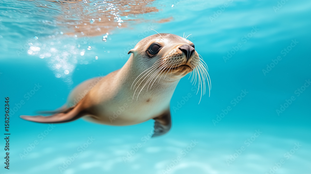 Fototapeta premium Realistic photo of a sea lion swimming underwater with streamlined body and bubbles trailing in clear blue water.