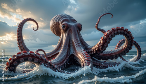 Enormous octopus with powerful tentacle rising from ocean waves under dramatic cloudy sky at sunset, showing detailed texture and suction cups