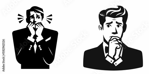 A Actor feeling nervous. Career Job Profession Occupation Employment Work Clipart Line Art Vector Illustration. Performer experiencing anxiety thespians tense emotion stage persona.