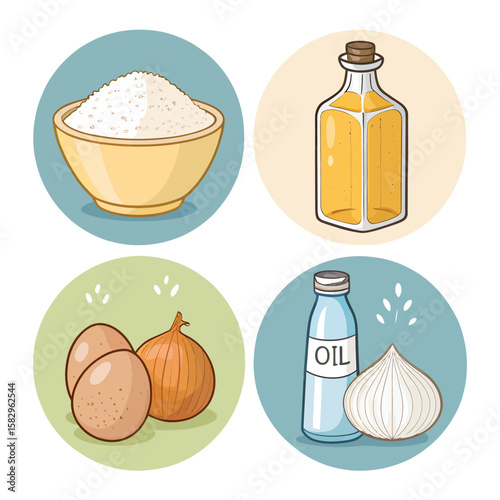 Four circles with food ingredients including salt eggs oil and onion