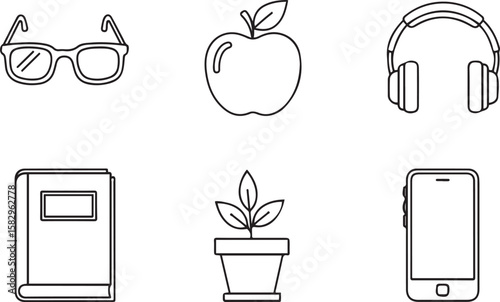 Glasses apple headphones book plant phone vector, glasses, apple, headphones, book, plant, phone, icons, outline, simple, black and white, education, technology, lifestyle, nature, objects, communicat