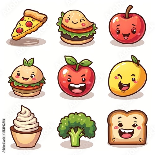 Cartoon Food Characters with Smiling Faces Pizza Burger Apple Broccoli and Toast