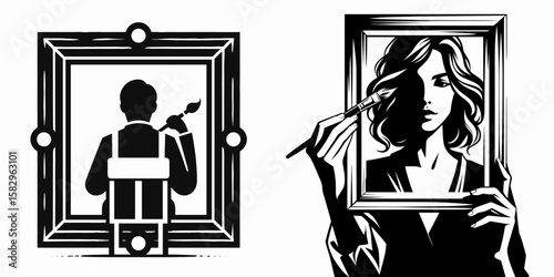 A Artist framing picture. Career Job Profession Occupation Employment Work Clipart Line Art Vector Illustration. Creator arranging artwork within border visual design project.