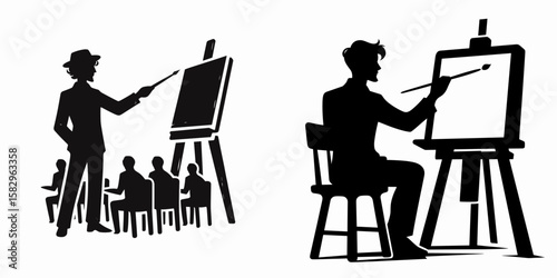 A Artist teaching class. Career Job Profession Occupation Employment Work Clipart Line Art Vector Illustration. Painter instruction workshop visual guidance artistic creation lesson.