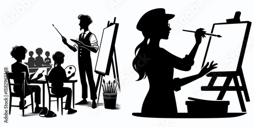 A Artist teaching class. Career Job Profession Occupation Employment Work Clipart Line Art Vector Illustration. Creative individual instruction program creation knowledge at workshop.