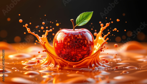 Futuristic red apple with digital pattern splashing into orange liquid with green leaf on top, vibrant and dynamic energy